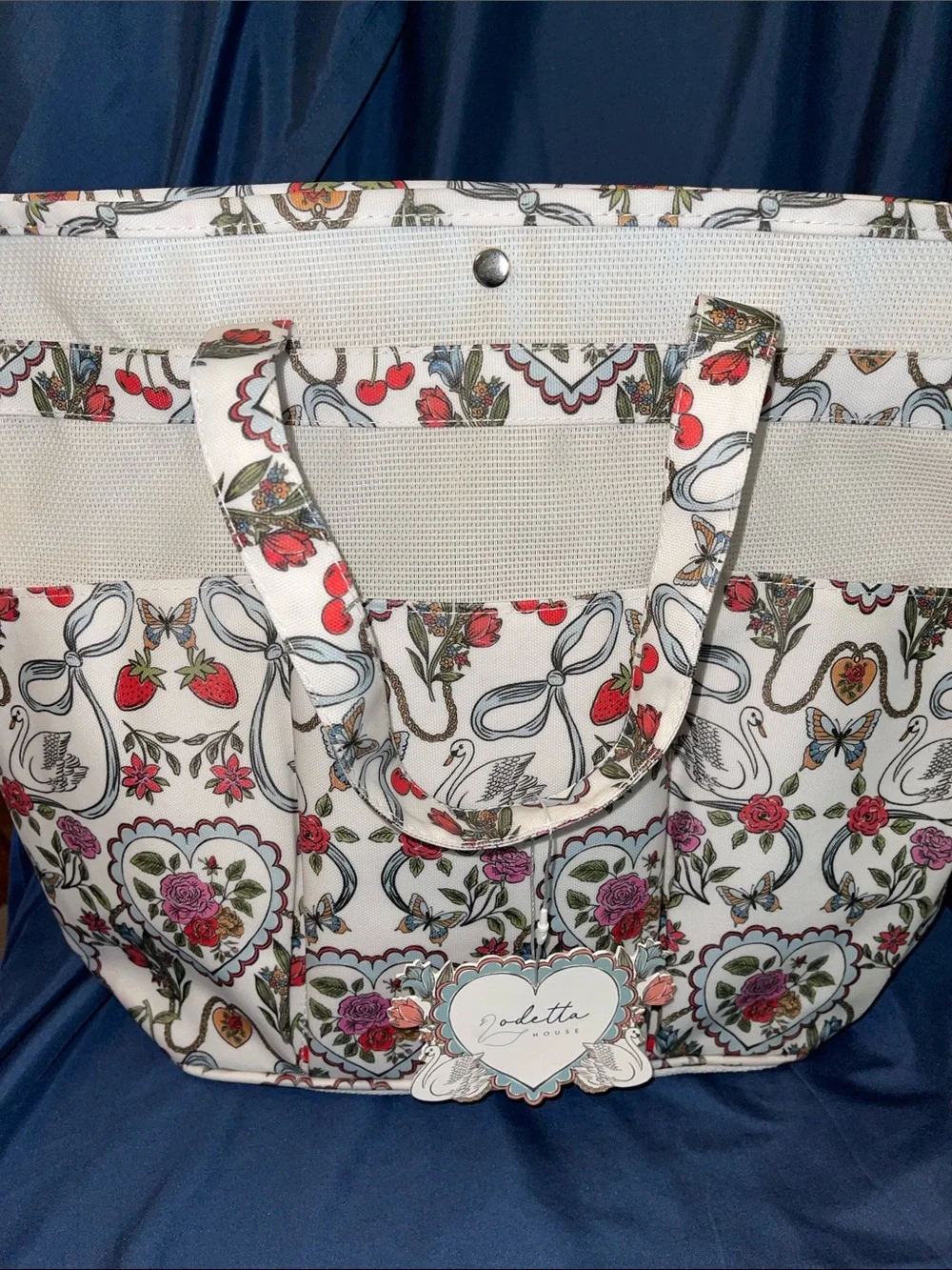 Floral Heart & Swans Shower Tote Bag in White with Pink and Red Accents